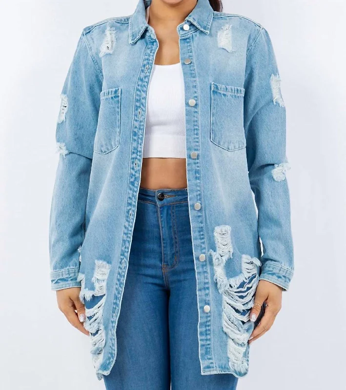 women's coats with beadwork accentsDistressed Button Up Long Sleeve Denim Jacket In Light Blue