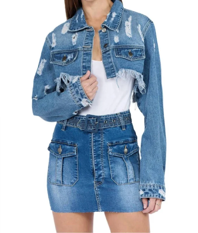 women's coats for fall and winter transitionsChic Cropped Distressed Denim Jacket In Blue