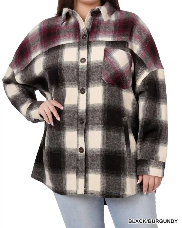 women's coats for skiingColorblock Plaid Longline Shacket In Black And Burgundy