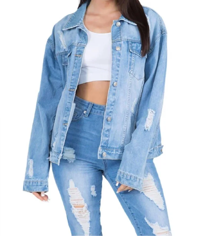 women's coats for smart casual looksFull Size Painted Back Distressed Denim Jacket In Blue