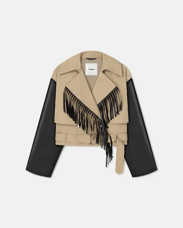 women's coats with cropped lengthsKazia - Fringed Twill and Regenerated Leather Jacket - Beige/Black