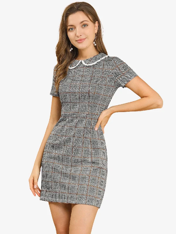 Satin DressVintage Houndstooth Short Sleeve Slim Fit Stretchy Mini Bodycon Dress