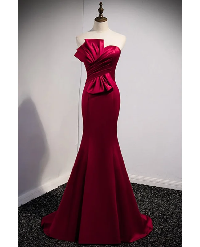 women's cotton dressesA noble and minimalist wine red sleeveless off shoulder ball dress with wine red strapless backless straps and ground length fishtail evening dress