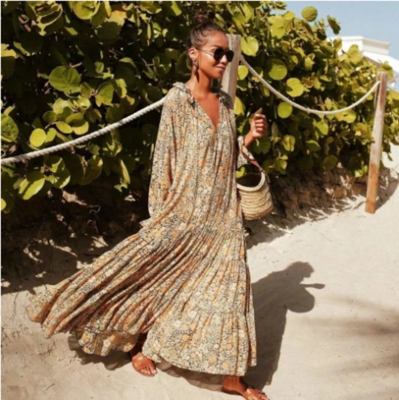 women's silk dressesBohemian Floral Summer Maxi Dress for Women, Boho Dress