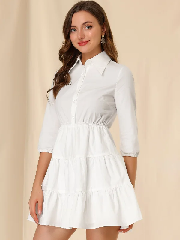 women's work dresses3/4 Sleeve Casual Fall Elastic Waist Cute Collared Tiered Mini Shirt Dress