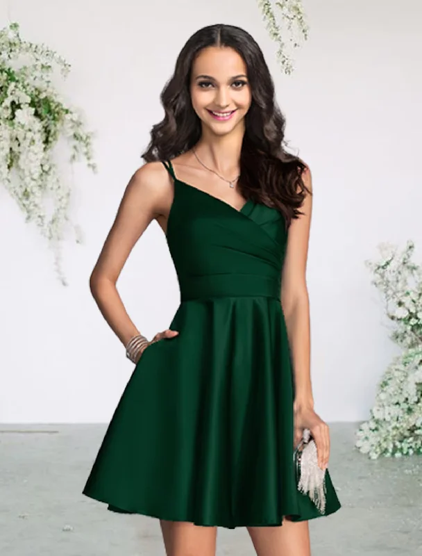 women's retro dressesA-Line Bridesmaid Dress V Neck Sleeveless Sexy Short / Mini Satin with Pleats