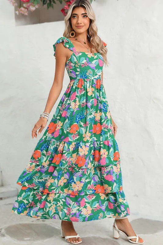 women's custom dressesBoho Floral Ruffle Sleeveless Tiered Maxi Dress