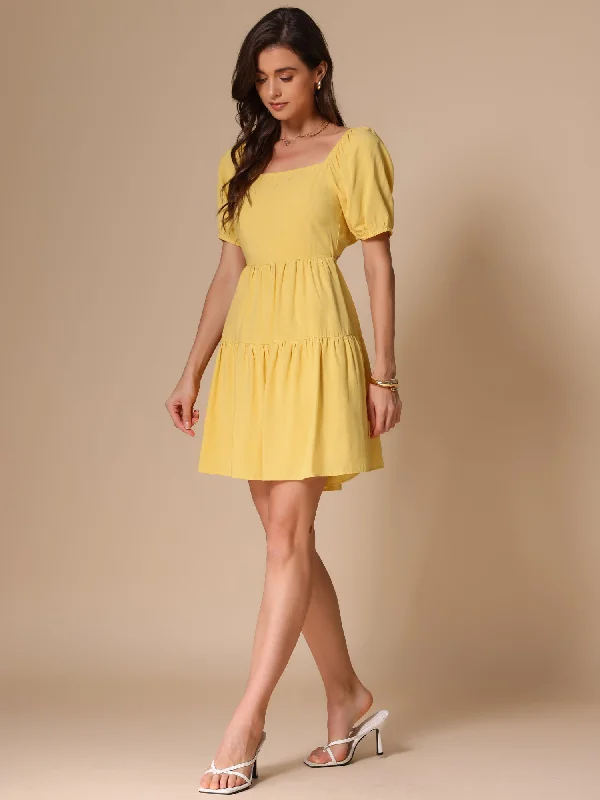 Elegant DressSquare Neck Puff Sleeve Back Bow Tiered Mini Dress