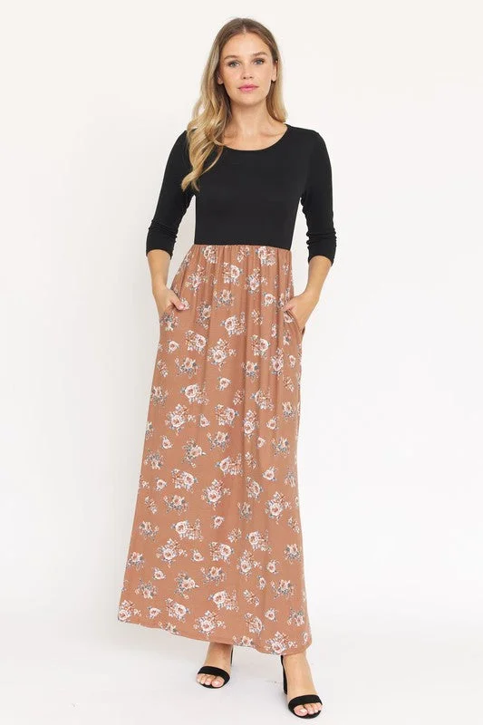 Solid Color DressQuarter Sleeve Floral Maxi Dress