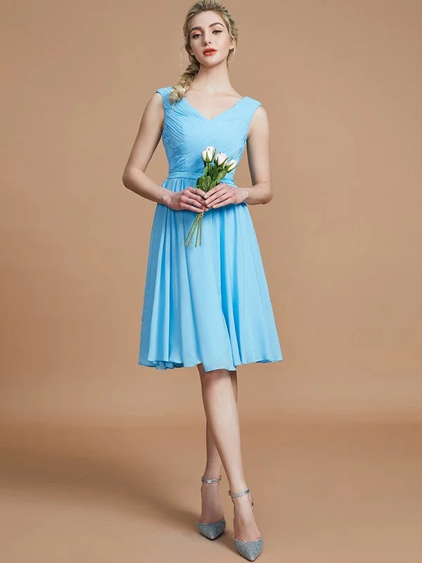 women's sleeveless dressesA-Line/Princess V-neck Sleeveless Ruched Short/Mini Chiffon Bridesmaid Dresses