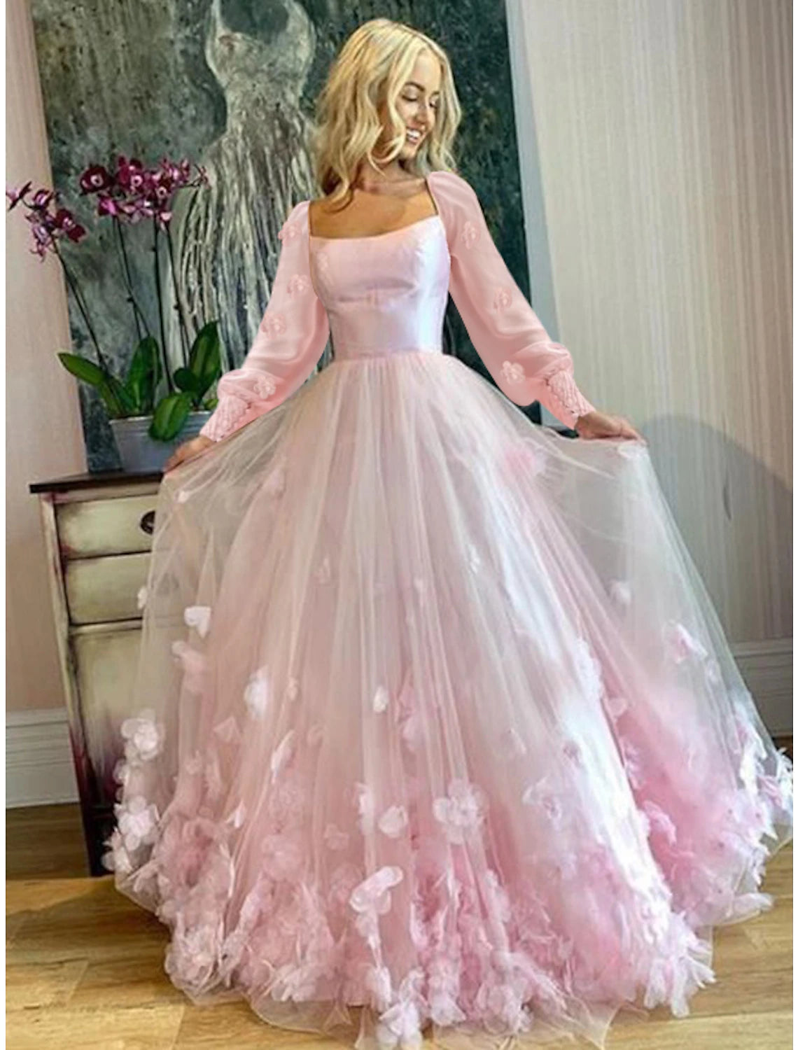 Beaded DressA-Line Prom Dresses Maxi Dress Sweet 16 Birthday Floor Length Long Sleeve Scoop Neck Tulle with Appliques Butterfly