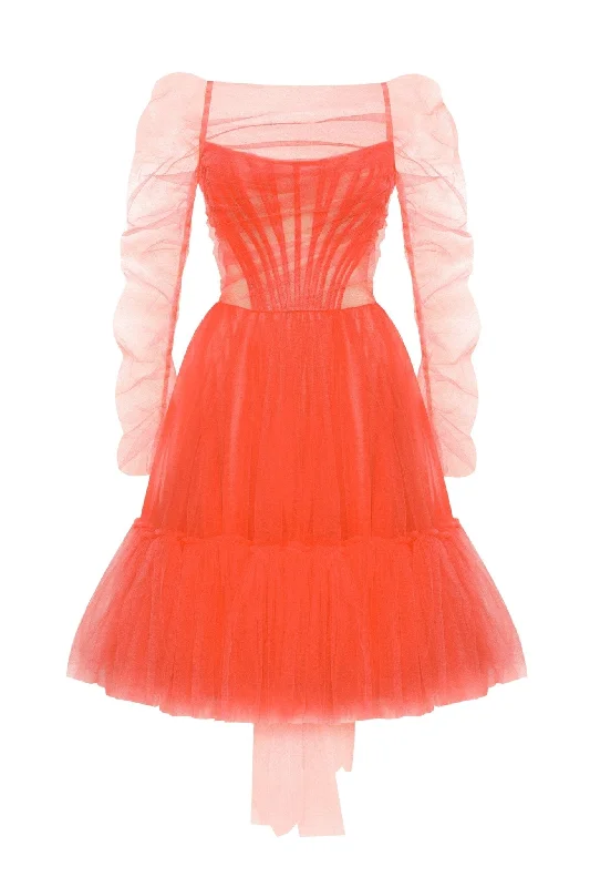 women's casual Friday dressesPassion Strapless Tulle mini dress in red coral color