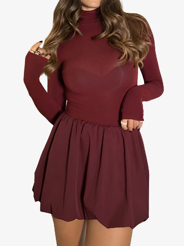 women's limited-edition dressesMock Neck Long Sleeves Bubble Hem Mini Dress