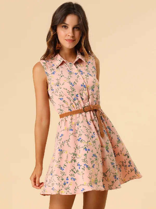 Prom DressFloral Half Placket Above Knee Sleeveless Belted Mini Dress