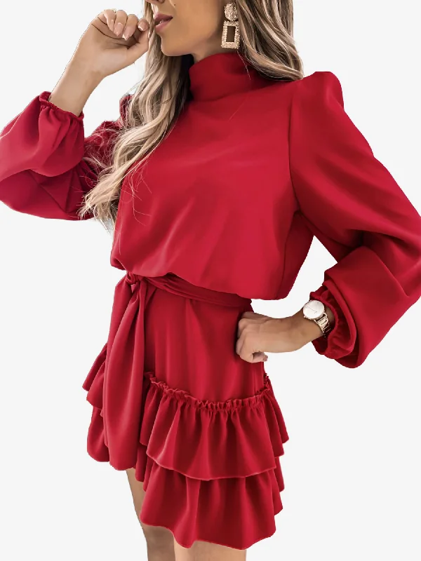 women's minimalist dressesLantern Sleeve Mock Neck Ruffled Tiered Mini Dress