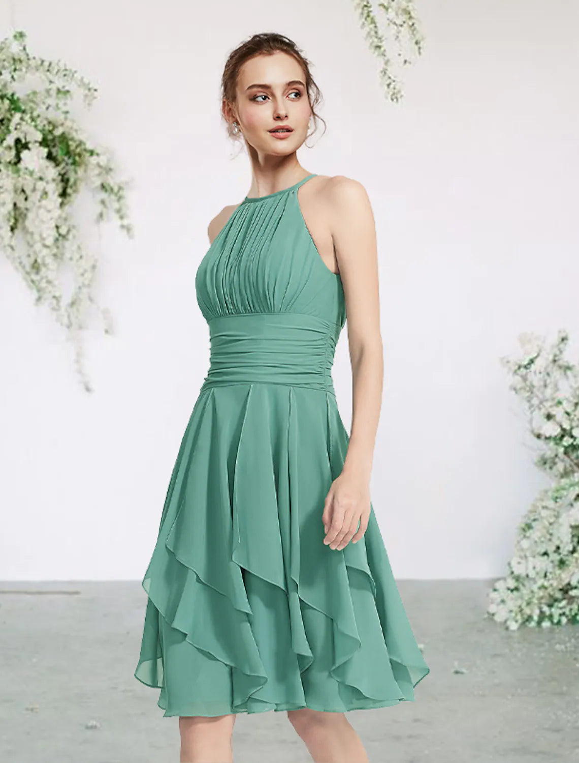 Ribbon DressA-Line Bridesmaid Dress Sleeveless Elegant Short Mini Chiffon with Pleats Cascading Ruffles