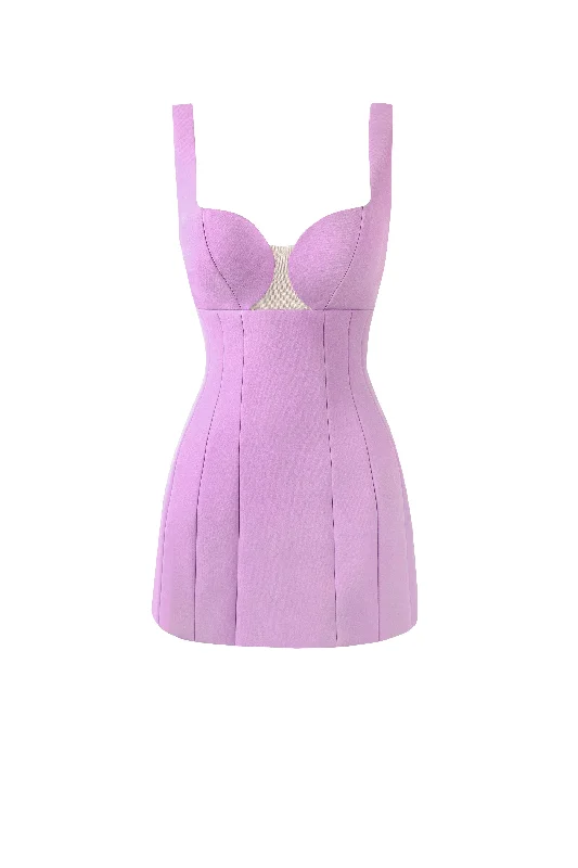 women's cold-shoulder dressesGlossy ultra mini dress in lavender with cutouts