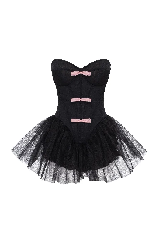 Solid Color DressTutu black mini dress with cute pink bows