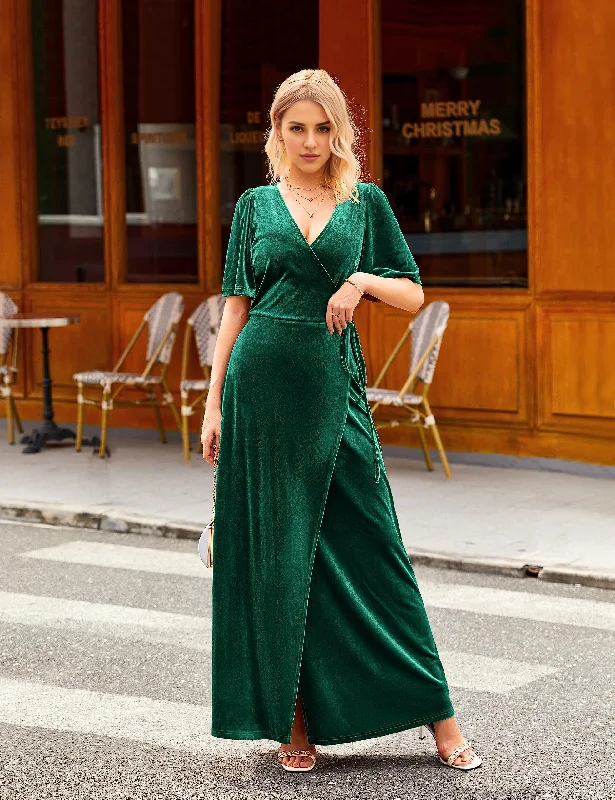 A-Line DressDingJiDress Wedding Guest Dress Women's V Neck Wrap Velvet Maxi Dress Bell Sleeve Split Bridesmaid Cocktail Party Dresses Formal Wear Dresses Evening Dress