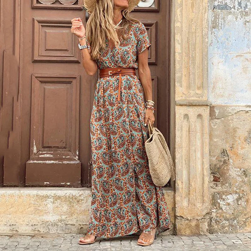 women's plus-size dressesBoho Dress With Belt, Bohemian Maxi Summer Dress For Women