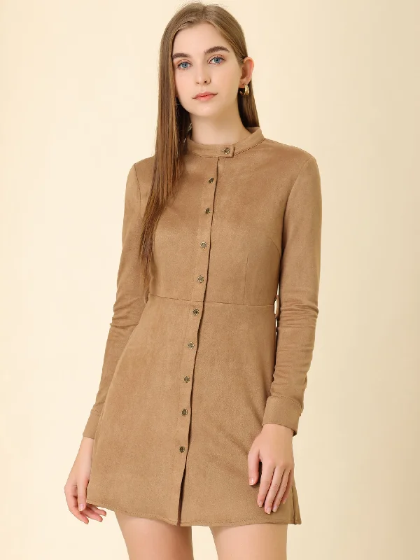 women's stylish dressesCasual Long Sleeve Faux Suede Belted Button Down Mini Dress