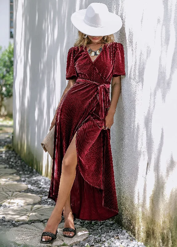 Trumpet DressDingJiDress Wedding Guest Dress Women's Velvet V Neck Short Sleeve Wrap Maxi Dress Formal Wear Dresses Evening Dress