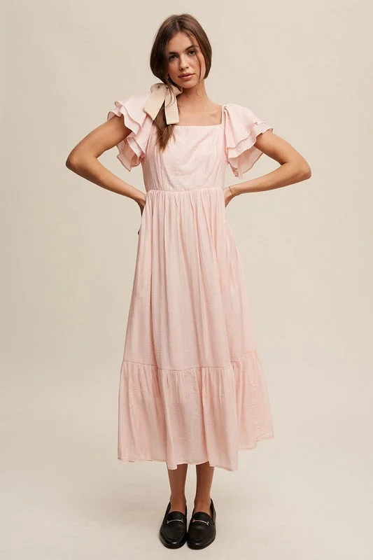 Chiffon DressSquare Neck Ruffled Short Sleeve Maxi Dress