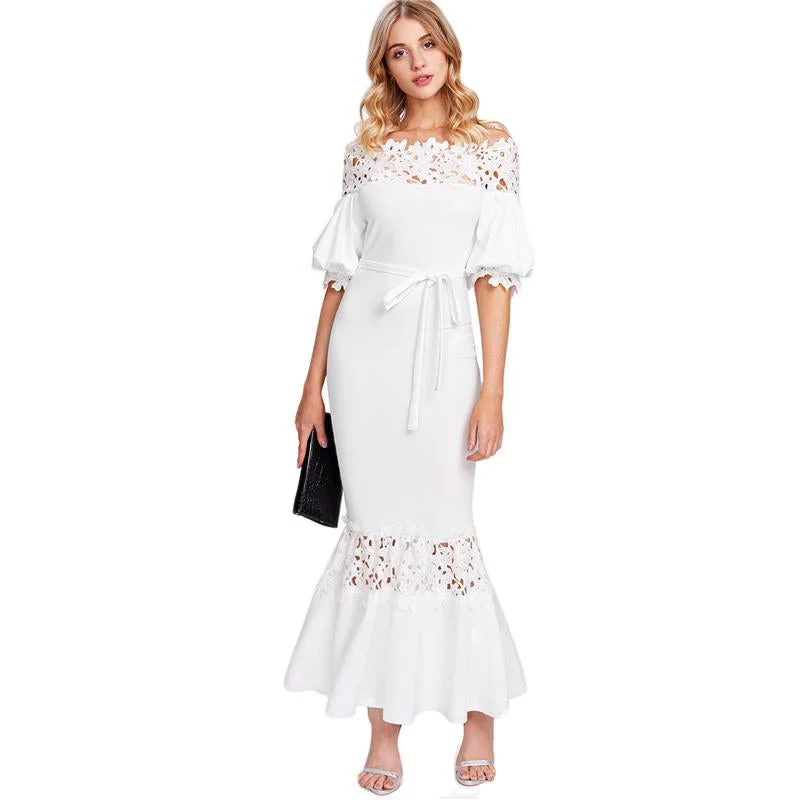 women's business casual dressesWhite Lace Off  Shoulder Maxi Dress