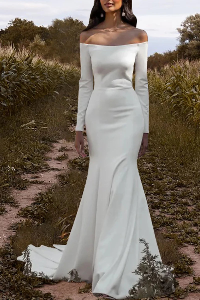 women's floral dressesLeisure wedding dress in the lobby, off the shoulder long sleeved minimalist summer bride dress