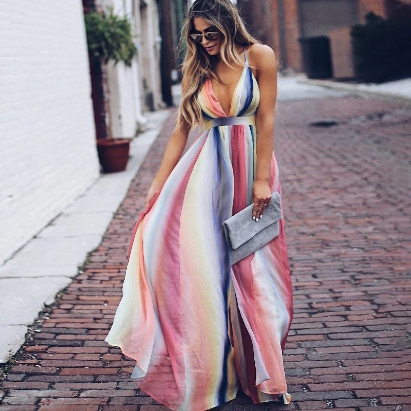 Vintage DressHalter Maxi Bohemian Rainbow Summer Dress, Boho Dress for Women