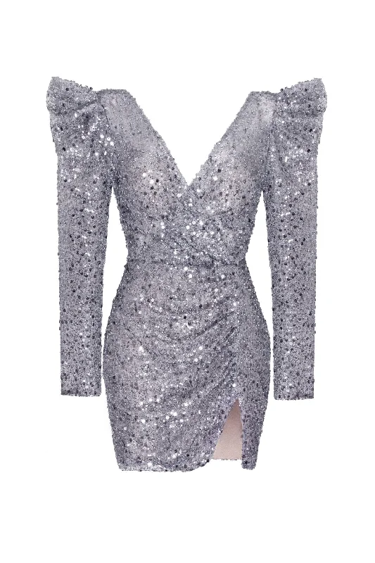 women's boho dressesSilver metallic long-sleeve sequined mini dress