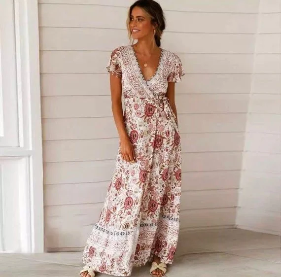 women's business casual dressesBoho Floral Summer Maxi Dress for Women, Bohemian Summer Dress