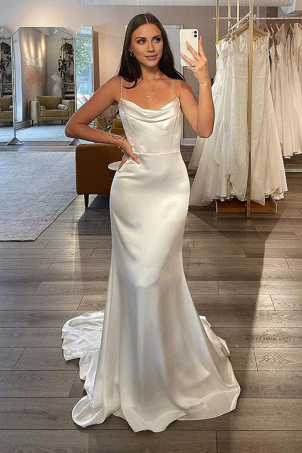 Petite DressThin shoulder strap satin pleated minimalist fishtail wedding dress