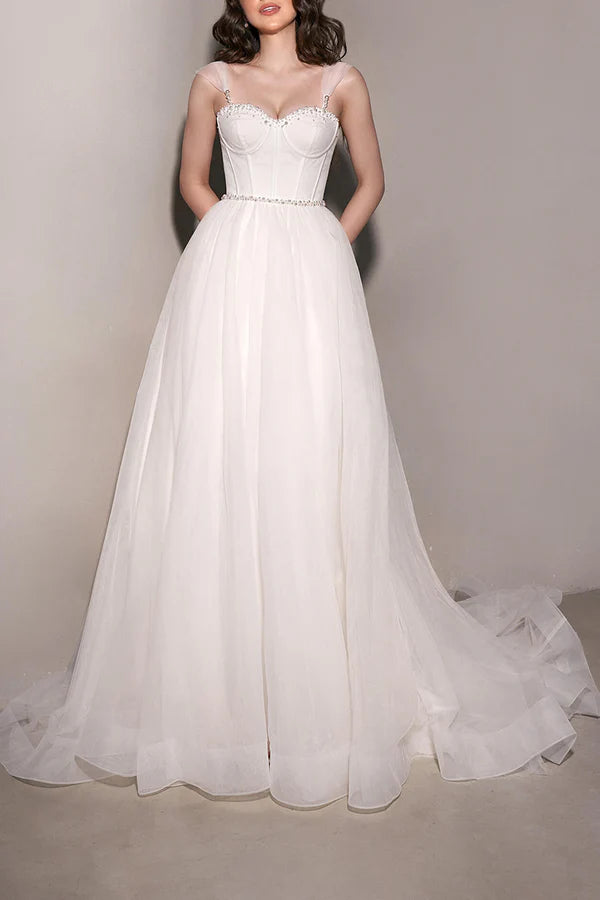 women's chiffon dressesA Line Sweetheart Pearl sheer minimalist wedding dress