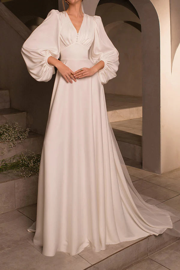 Asymmetric DressA-neck V-neck long sleeved satin minimalist drag on wedding dress