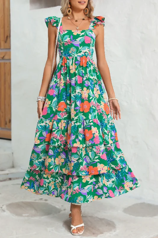 Sleeveless DressGreen Boho Floral Print Ruffle Sleeveless Tiered Maxi Dress