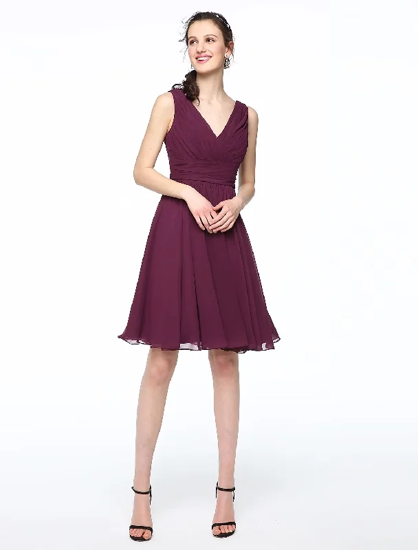 women's club dressesA-Line Bridesmaid Dress V Neck Sleeveless Elegant Short / Mini Chiffon with Pleats