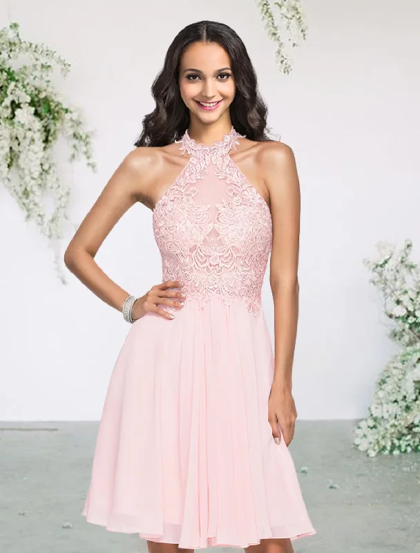 Satin DressA-Line Bridesmaid Dress Halter Neck Sleeveless Sexy Short / Mini Chiffon / Lace with Pleats / Appliques