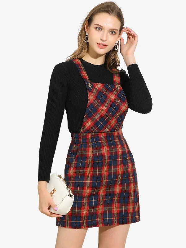 Tea-Length DressOverall Bib Plaid Adjustable Strap Pinafore Mini Suspender Skirt