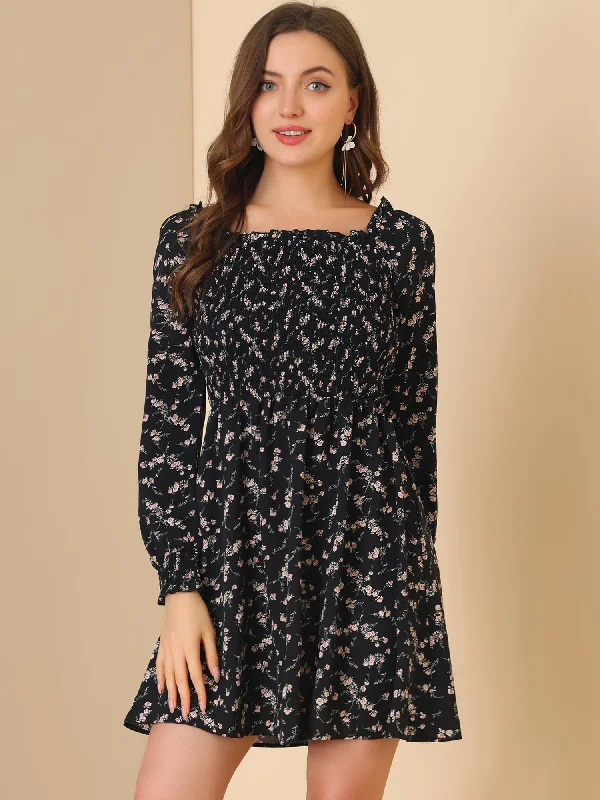 women's limited-edition dressesMini Smocked Square Neck Long Sleeve Floral Print Dress