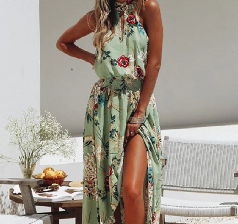 Asymmetric DressHalter Floral Summer Dress, Boho Maxi Summer  Dress for Women