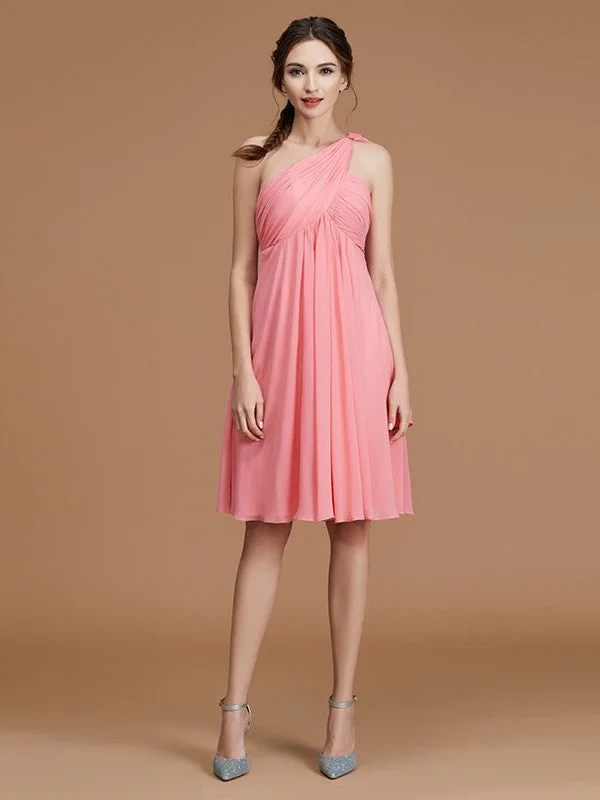 women's bell-sleeved dressesA-Line/Princess One-Shoulder Sleeveless Short/Mini Ruched Chiffon Bridesmaid Dresses