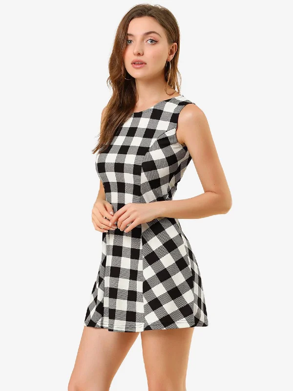 Embellished DressClassic Sleeveless Mini A-Line Fit and Flare Plaid Dress