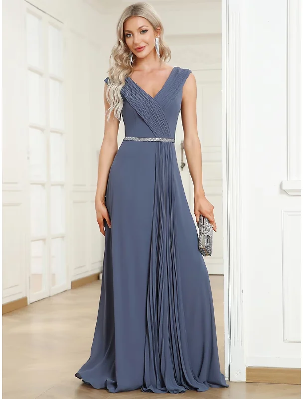 Glamour DressA-Line Wedding Guest Dresses Minimalist Dress Formal Floor Length Sleeveless V Neck Chiffon with Pleats