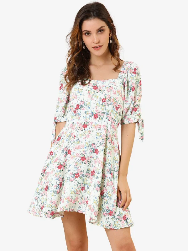 women's midi dressesFloral Printed Sweetheart Neck Puff Sleeve A-Line Mini Dress