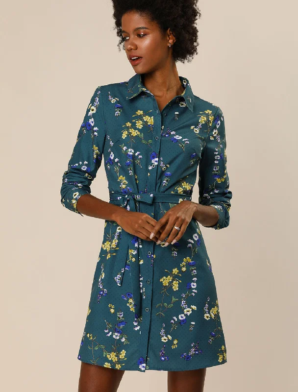 Minimalist DressButton Down Floral Collar Tie Belted Mini Shirt Dress