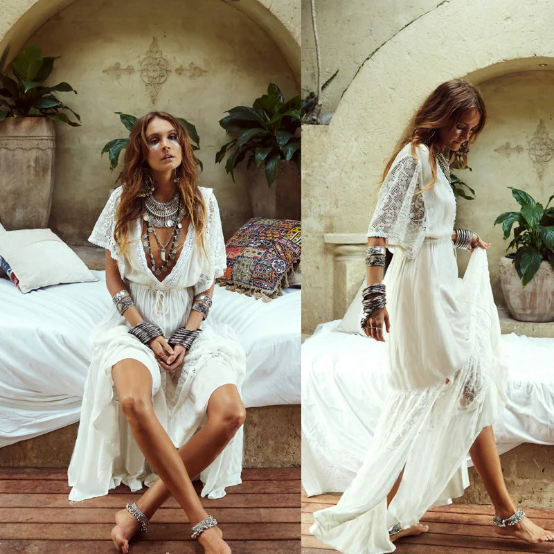 women's flutter-sleeved dressesBoho Summer White Lace Maxi Dress for Women, Cotton Bohemian Dress