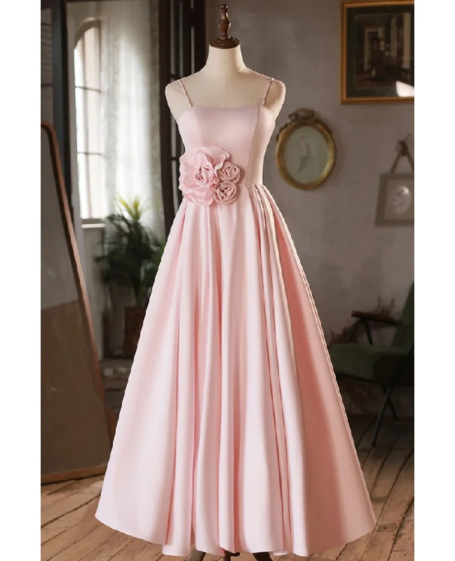 Embellished DressElegant and minimalist red pink sticker sleeveless off shoulder ball dress with red pink A-line princess thin shoulder strap and backless strap, ground length bridesmaid dress