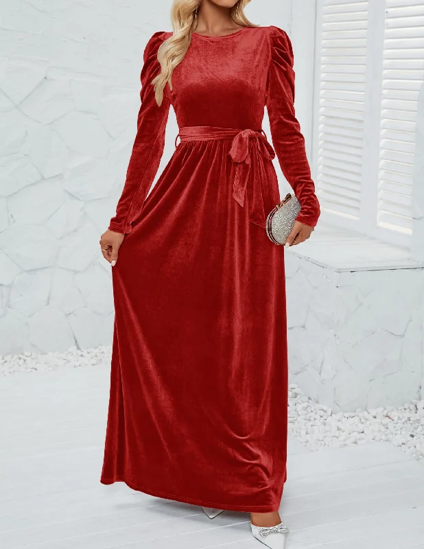 Wedding DressDingJiDress Wedding Guest Dress Women's Velvet Maxi Dress Long Puff Sleeve Crew Neck Elastic High Waist Cocktail Party Formal Wear Dresses Evening Dress