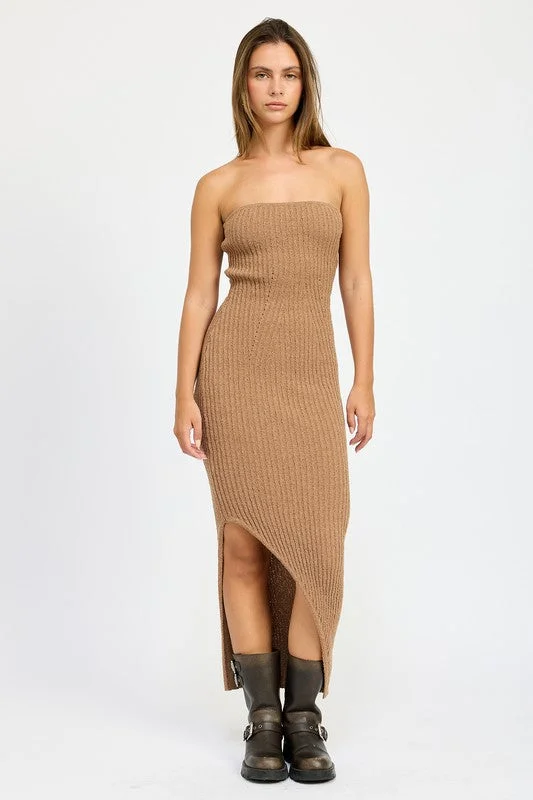 women's casual Friday dressesASYMMETRICAL RIBBED MAXI TUBE DRESS